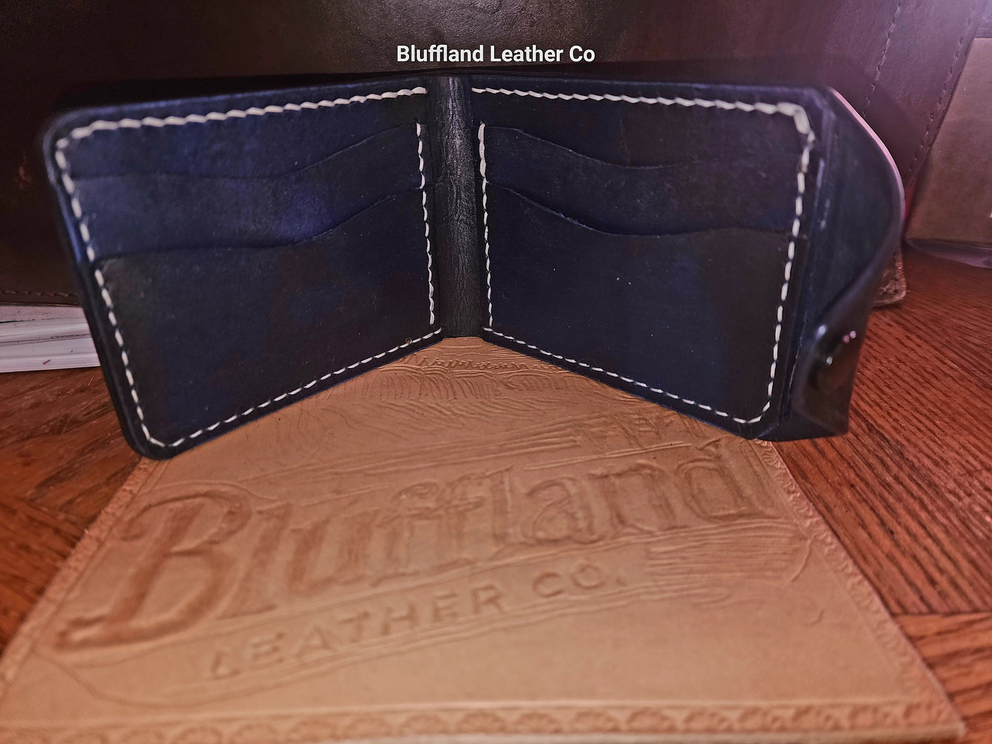 Handcrafted Full-Grain Leather Bi-Fold Wallet with Snap - Navy Blue